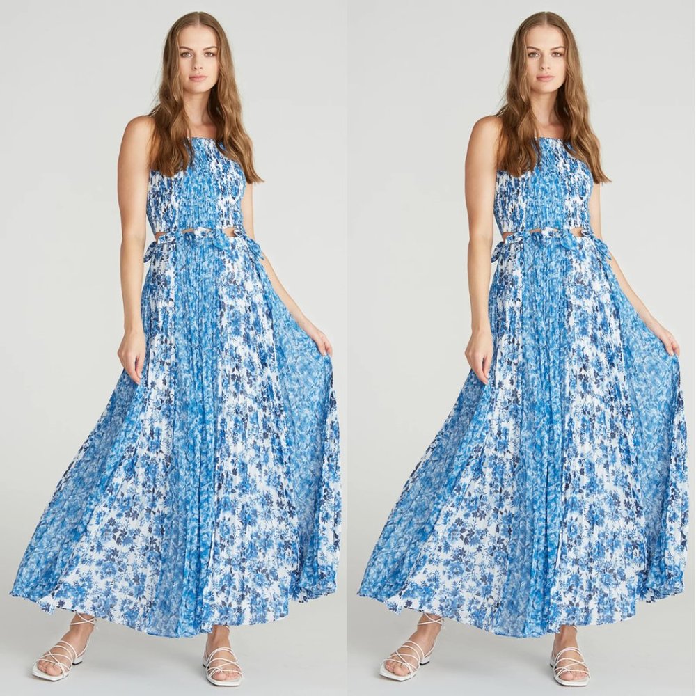 Amur Holland Tie Pleated Chiffon Maxi Spaghetti Strap Dress Blue Floral Print